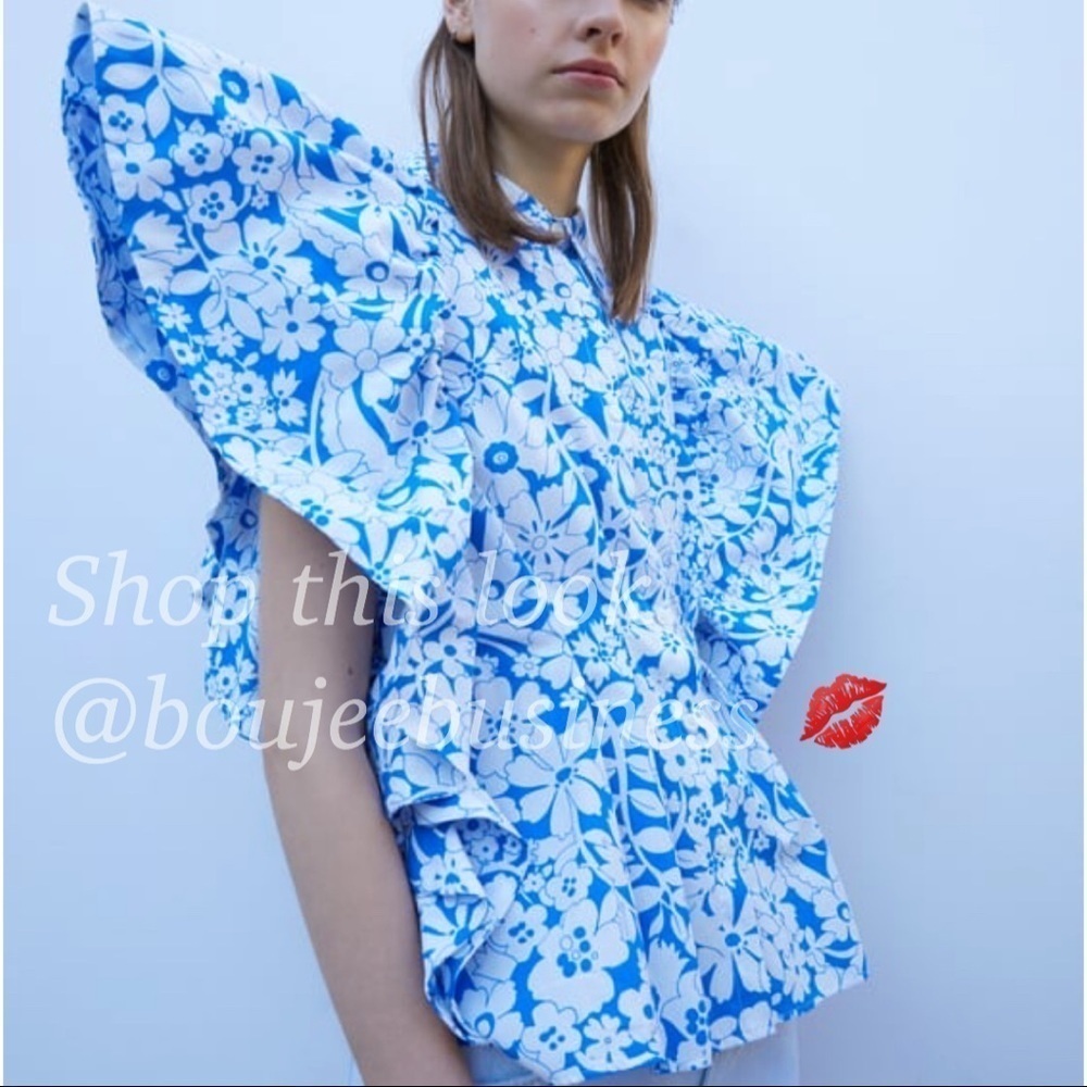 ZARA - BNWT Blue/White Printed Poplin Cotton Top with Ruffled Sleeves Size M